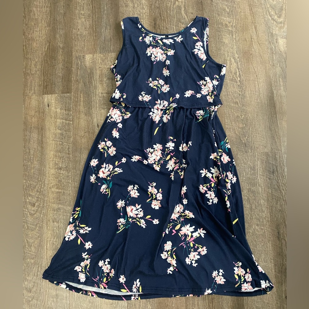 Navy floral maternity/ nursing/ breastfeeding midi dress